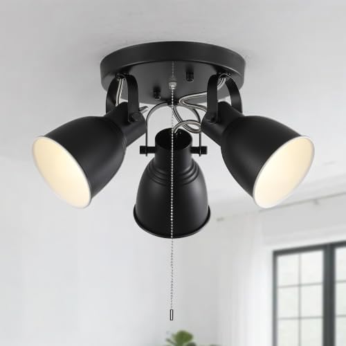 Image of 3-Light Industrial Semi Flush Mount Ceiling Light Fixture with Pull Chain Switch, Adjustable Track Spotlight, Black Metal Close to Ceiling Lamp for Bedroom Kitchen Hallway Living Room, E26