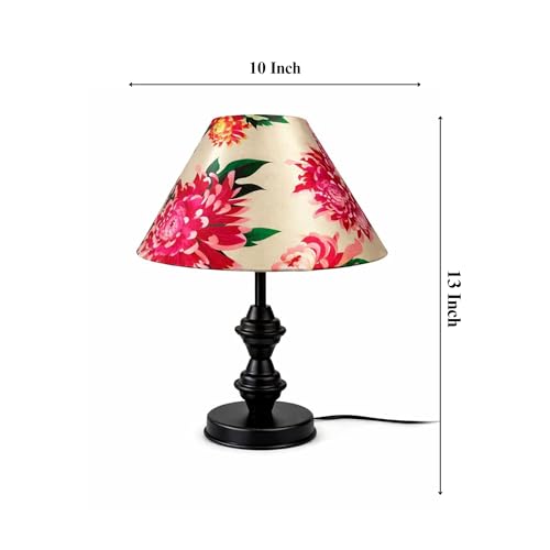Image of tu casa Modern Table Lamp with Crimson Floral Satin Shade | Metal Iron Base Decorative lamp for Living Room| Study & Home Decor, Designer Table Lamp for Gifting (Ivory Daisy)