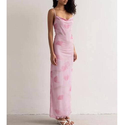 Image of Women's 2025 Summer Dresses Floral Bodycon Maxi Dress Spaghetti Strap Backless Cocktail Party Long Dresses