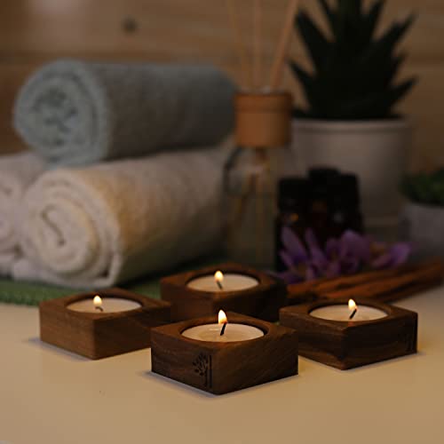 Set Of 2 Wooden Tealight Candle Holders With Candles - Solid Wood Walnut - Votive Candle Holder - Rustic Candle Holders For Wedding Purpose Parties, Events - Home And Bathroom, Spa And Hotel Décor #TOP5