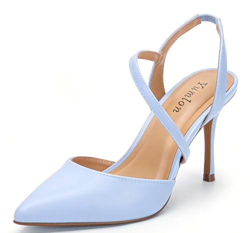 Women's Closed Toe Slingback Heels 3.3 Inch Blue Heel Pumps,Size 7 | High Stiletto,Pointed Toe,Ankle Straps,Arch Support Cushioned Insole,Wedding Prom Dress Shoes - image 1