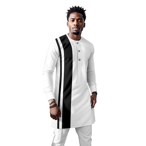 African Clothing for Men Single Breasted Long Shirts and Pants 2 Piece Set Dashiki Outfits Formal Outwear