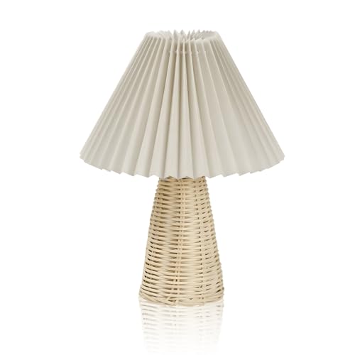 Buachois Rattan Pleated Lamp, Wicker Table Lamp Bedside Night Lamp with Base