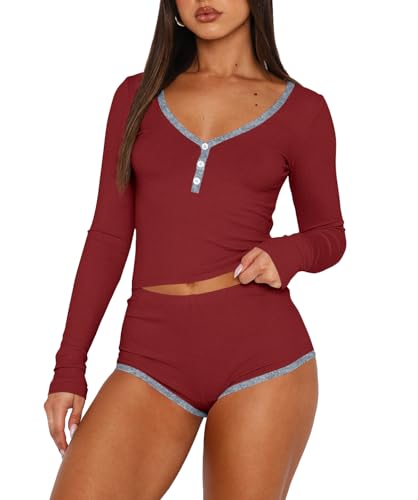 Image of INFITTY Womens Sexy Vneck 2 Piece Sets Casual Long Sleeve Button Short Pajama Outfit 2026 Trendy Crop Top Nightwear