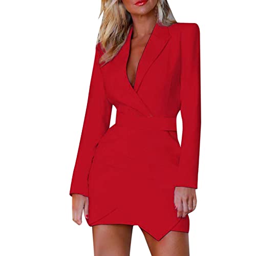 Zldhxyf Blazer Femme devant ouvert sexy élégant veste de costume formelle robe de travail bureau manteau d'affaires avec ceinture longue blazer O femme manteau noir, rouge, S