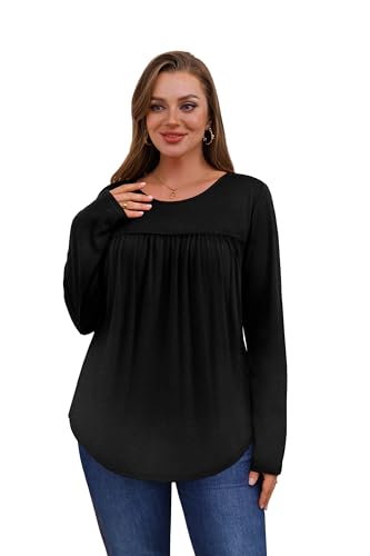 WIHOLL Long Sleeve Shirts for Women Pleated Fall Tops Crewneck Casual Tunic Tops to Wear with Leggings Fashion Clothing2