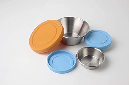 Lonovel Stainless Steel Food Storage Salad Dressing Container Set,Condiment Containers With Leakproof Silicone Lids,To Go Containers,Portion Control Containers(2S+1L,Baby Blue&Golden Orange) #TOP3