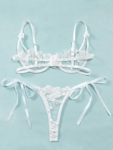 Image of Lilosy Sexy Tie Side Cute Underwire Push Up Strappy Embroidered Mesh Sheer Lingerie Set