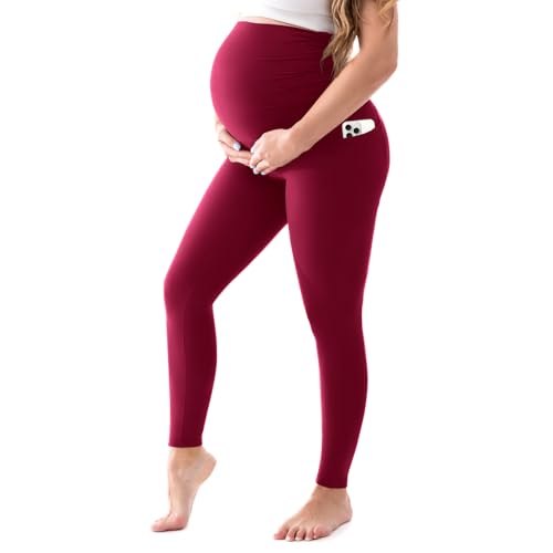 Walifrey Women's Maternity Leggings with Pockets Over The Belly,Pregnancy Yoga