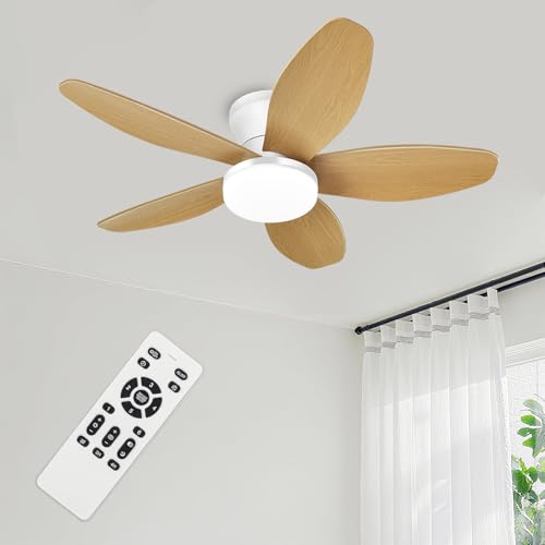 Image of Ceiling Fans with Lights - 35 Inch Small Low Profile Ceiling Fan and Remote,Flush Mount Ceiling Fan with 5 Reversible Blades 6 Wind Speeds, White&Wood Modern Ceiling Fans for Bedroom Kitchen