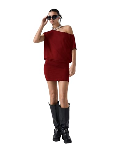 Image of SOLY HUX Women's Off The Shoulder Mini Dress Going Out Asymmetrical Neck Short Sleeve Casual Bodycon T Shirt Dresses