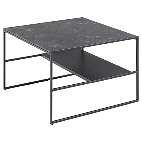 Amazon Brand - Movian Square Coffee Table With One Shelf, Marble Effect Top, Black Metal Base, 70.1 cm D x 70.1 cm W x 44.96 cm H