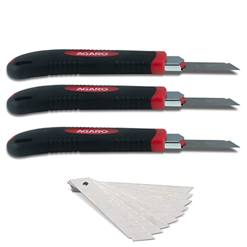 AGARO Retractable Heavy Duty 18 mm Cutter Utility Knife (Set of 3), 3 Preloaded & 10pcs Extra Blades In Container, Comfortable Rubber Grip Handle, Red & Black