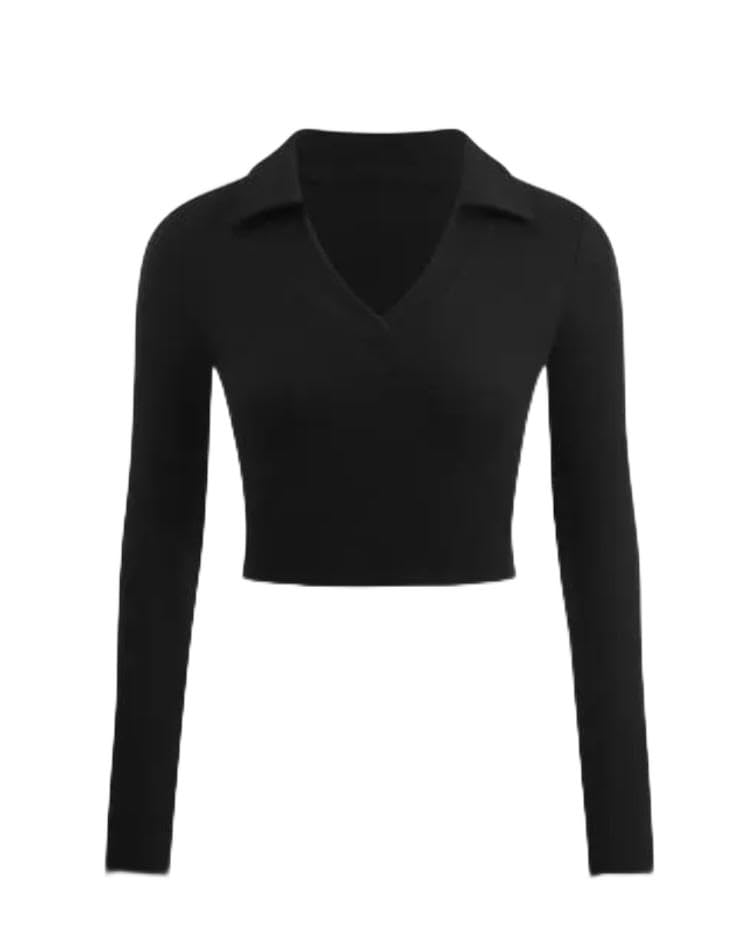 Women's Brown Ribbed Knit Cropped Polo Collar Top-picture-44