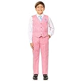 Vittorino Boy's Linen Look 4 Piece Suit Set with Vest Pants Shirt and Tie, Coral/Sky Blue Bow, 18