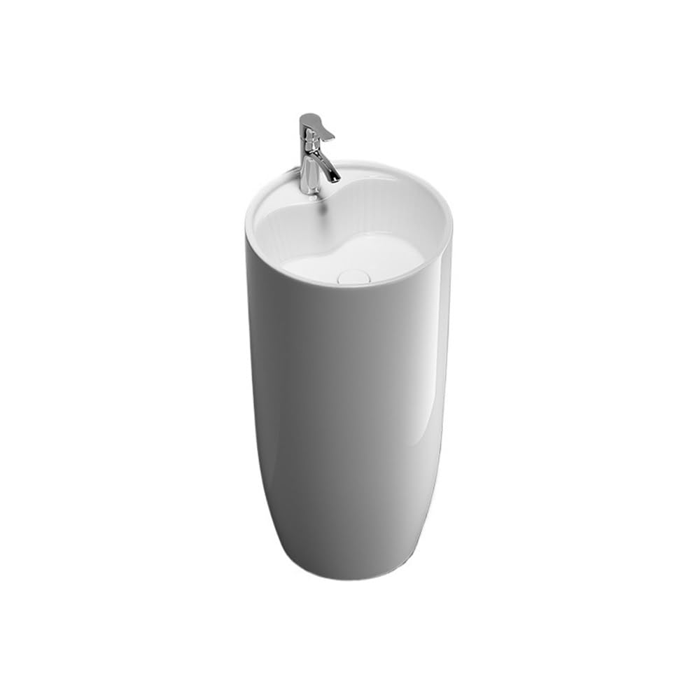 Free-Standing White One Piece Pedestal Sink with Silver Faucet and Drain Kit Ceramic Circular Basin for Bathroom Lavatory Column