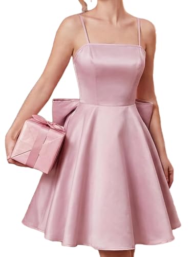 Image of WDIRARA Women's Satin Bow Homecoming Dresses Spaghetti Strap Wedding Guest Gown Summer Mini Dress