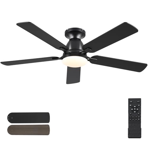 Mpayel Ceiling Fans with Lights, 52 Inch Flush Mount Ceiling Fan with Light and Remote, Low Profile Black Ceiling Fan for Bedroom Living Room, Quiet DC Motor, Reversible, Dimmable LED, Black