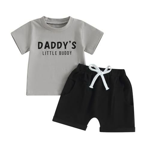 Image of Sasaerucure Infant Toddler Baby Boy Summer Outfit Letter Printed Short Sleeve T-Shirt Tops and Solid Shorts Clothes 2PCS Set (Gray, 0-6 Months)