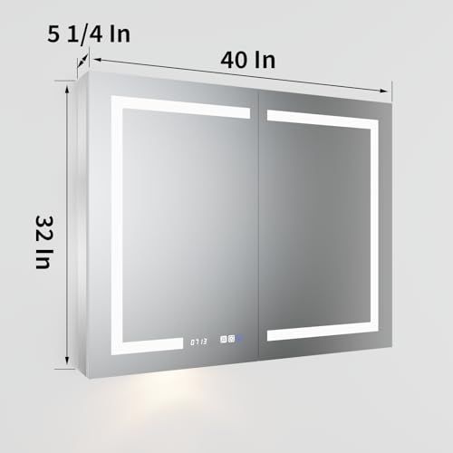 ExBrite LED Lighted Bathroom Medicine Cabinet with Mirror, 40 x 32 Inch, Recessed or Surface led Medicine Cabinet, Clock, Room Temp Display,Defog,Stepless Dimming,3-Color Temper Change, Outlets & USBs