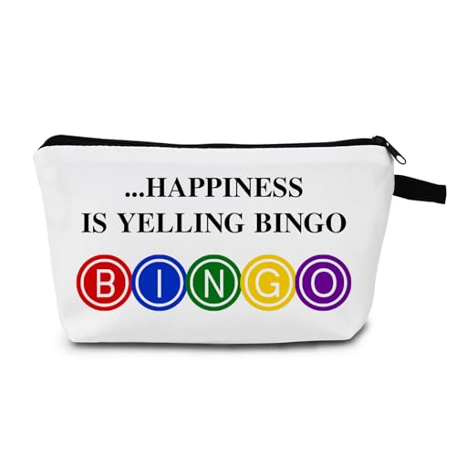 MoCaliduccious "Happiness Is Yelling Bingo Print Makeup Bag for Women Birthday Gifts Holiday Cheer & Adult Celebrations Bingo Game Lover Player Gifts Travel Cosmetic Pouch (White)