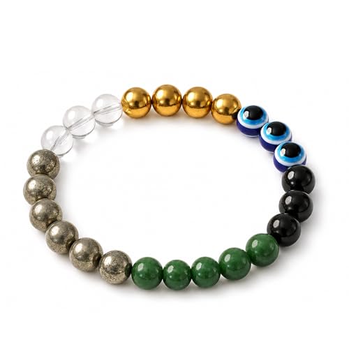 Image of Dhan Suraksha Bracelet For Financial Stability | Hematite, Pyrite, Clear Quartz, Green Jade, Black Tourmaline | Temple Blessed & Energized | For Men & Women | Certified Natural Crystals
