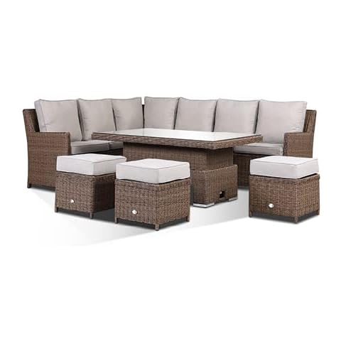 Club Rattan Santos Corner Sofa with Rising Table and 3 Stools in Natural Brown Cover
