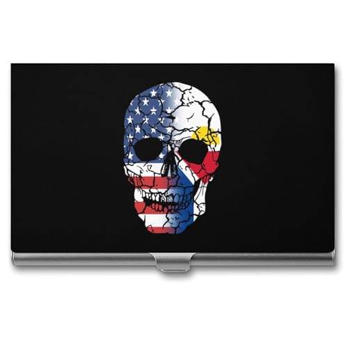 U.S.A French Saint Martin Flag Skull Business Card Holder Slim Credit Case Pocket Name Case Wallet for Men Women