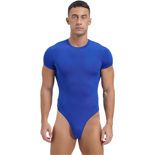 ranrann Männer Body Sexy Kurzarm Unterhemd Eng Bodysuit Einteiler Stringbody Einfarbig Hohe Beinausschnitt Herren Unterwäsche Dessous Blau L
