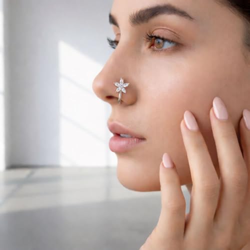 Image of Nilu's Collection Rose Gold American Diamond Non Piercing Nose Pin for Women | Elegant Flower Nose Stud | Minimal Clip-On Nose pin | Anti-Allergy | Anti-Tarnish | Office Wear | Daily Wear | office Wear | Non Piercing