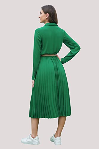 Image of Business Casual Shirt Dress for Women Long Sleeves Pleated Midi Dresses with Belt