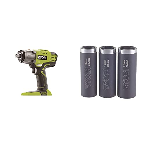 Ryobi - Boulonneuse Électrique Sans Fil 18V ONE+ 400 Nm - Clé à Chocs 3 Vitesses et 3 Couples& Blister de 3 douilles 1/2'' spéciales automobile : 17 mm / 19 mm / 21 mm - RAKPISOC3