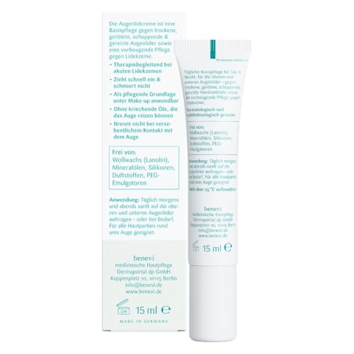 benevi Augenlid-Creme 15 ml (1er Pack) für trockene, empfindliche Augenlider. Kein Fettfilm. Auch als tägliche Augenlidpflege bei zu Lidekzem oder Rosacea neigender Haut.