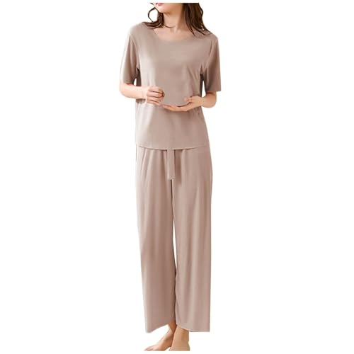 Summer Short-Sleeved Ice Silk Pajamas with Loose-Leg Pants Casual Loose Short Sleeve Pullover Tops & Wide Leg Pants2