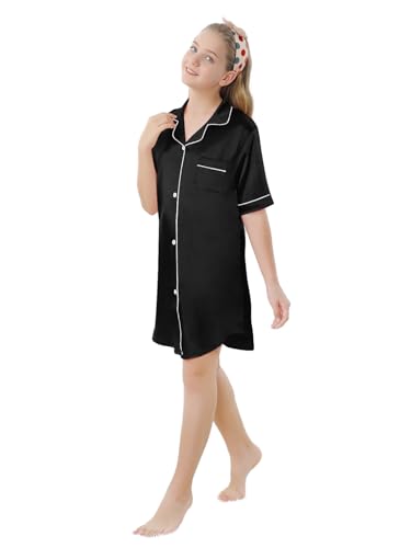 Image of Schbbbta Girls & Women Silk Nightgown, Short Sleeve Button Down Satin Nightshirt Pajama House Dress, 3 Years- Women 2XL