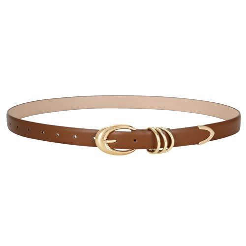 LEACOOLKEY Women's Leather Belt for Jeans Dress Pants Fashion Ladies Leather Belt with Gold Buckle