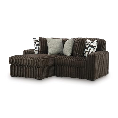 Image of Signature Design by Ashley 2-Piece Sectional Sofa with Chaise, Brown | 100% polyester jumbo corduroy, Compact L shaped layout, Engineered wood frame, Includes 6 pillows, Midnight-Madness