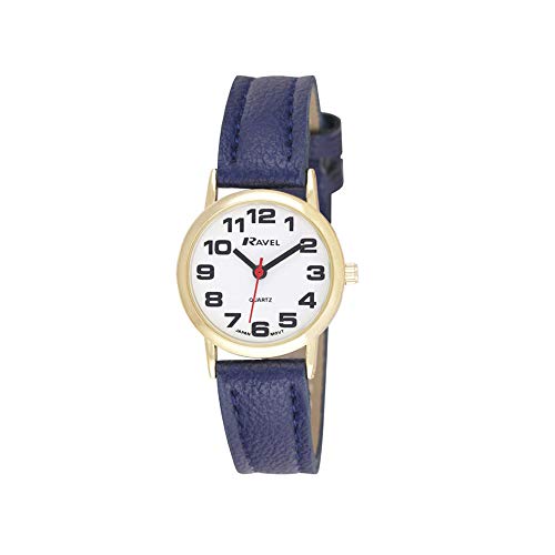 Ravel - Montre Bracelet Femme Facile à Lire avec de Gros Chiffres - Cadran Blanc/Ton Or/Bleu