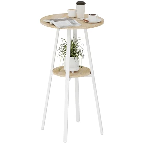 HOMCOM Mesa Alta Cocina Redonda con Estante de Almacenamiento, Mesa Alta Bar Moderna para 2 Personas con Marco de Metal para Salón y Comedor, 55x55x95 cm, Madera Natural y Blanco
