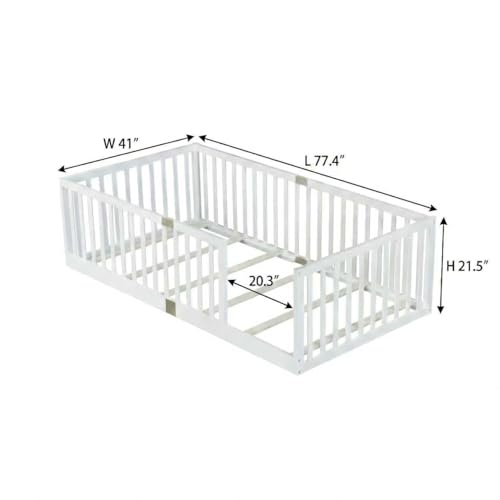 Image of Bellemave Twin Size Kids Montessori Floor Bed Frame with Slats,Solid Wood Floor Bed Frame with High Fence for Kids,Girls,Boys,White