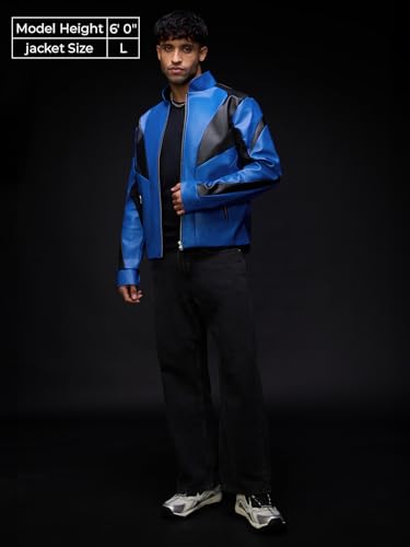 Image of The Souled Store Biker Jacket: Blue Ranger Men and Boys Full Sleeves Mock Collar Blue and Black Colour-Block Polyester Regular Fit Breathable Zippered Closure Winter Biker Jacket