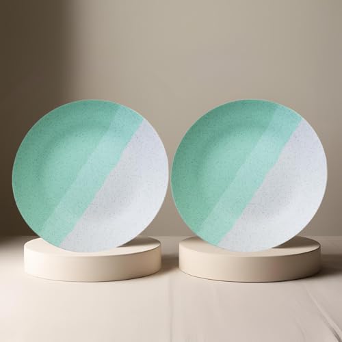 Image of Freakway Set of 2 Modern Ceramic Dinner Plates - 7.3'' Speckled Stoneware Plates with Half Mint Green & White Design /Microwave & Dishwasher Safe