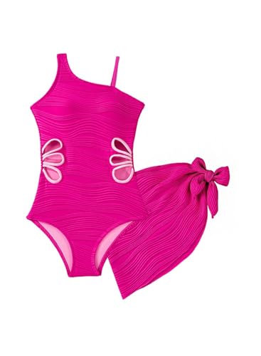 blibean Girls Swimsuit Size 8-9 Hot Pink Teen One Piece Bathing Suit with Cover Up Skirt Big Kids Adjustable Strap Swimwear Tween Cute Texture Traje Bao Nias Padded Cut Out Swimming Suit