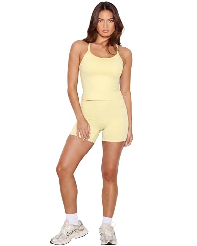 Image of SUUKSESS Women 2 Piece Workout Sets High Waisted Tummy Control Biker Shorts Halter Padded Tank Tops