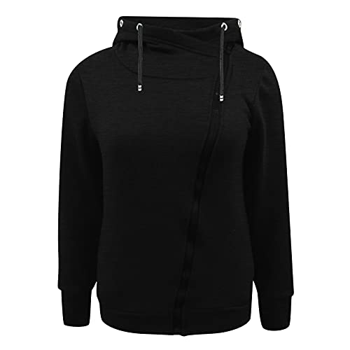 Women's Oblique Zipper Hoodies Cowl Neck Full Zip Hooded Sweatshirt Outerwear With Pockets Black, X-Large #TOP1