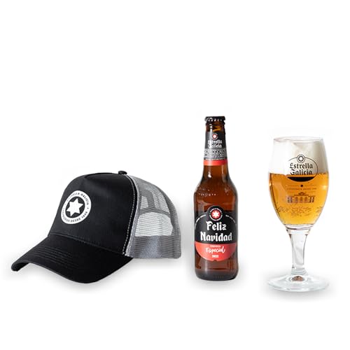 Bigcrafters - Pack de Regalo Amigo Invisible de Estrella Galicia, Incluye 1 Botella de Cerveza Estrella Galicia Especial Edición Feliz Navidad + Copa y 1 Gorra con Rejilla de Estrella Galicia