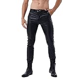 FEESHOW Herren Lange Lederhose PU Leder Kunstleder Hosen Motorrad Hose Faux Leder Herrenhose Trousers Party Clubwear Streetwear Schwarz_C L
