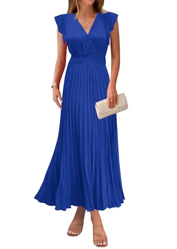 Image of KIRUNDO Women's Summer Maxi Dresses Elegant V Neck Ruffle Flutter Sleeves Empire Waist Pleated Flowy Wedding Guest Dress