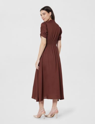 Image of Amazon Brand - Symbol Women's V-Neck Midi Dress | Ruched Waist, Puff Sleeves, A-Line Flared (Available in Plus Sizes)