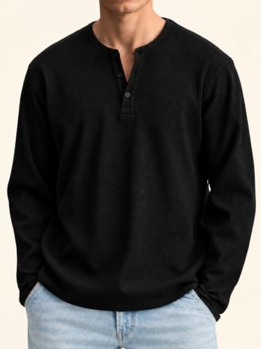 ARKLOY Men's Black Waffle Knit Henley T-Shirt - Image 4